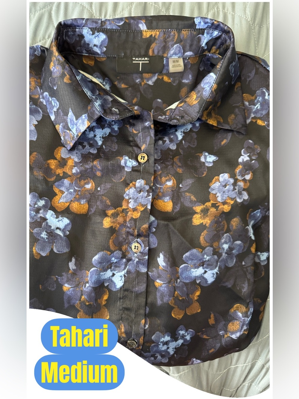TAHARI  Button-Down Shirt with Blue and Gold Floral Print